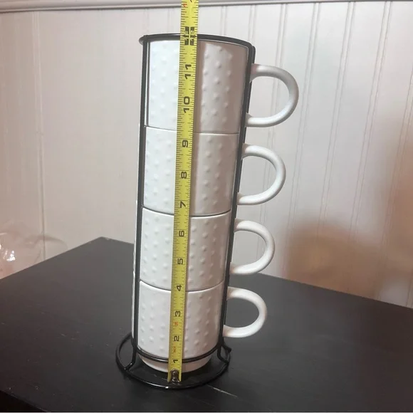 Market Finds White Hobnail Stacking Mugs Set of 4 with Black Metal Storage Stand - Picture 2 of 10